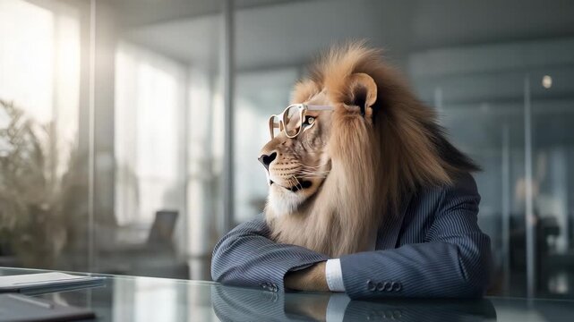 L&ouml;we als Chef in Businesskleidung mit Brille im B&uuml;ro. K&uuml;nstliche Intelligenz KI
