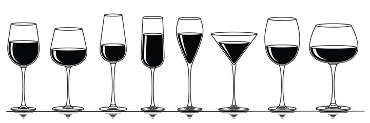Black and white illustration of eight wine glass designs.eps