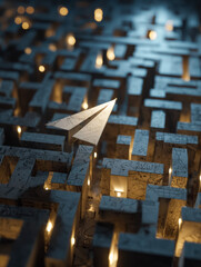 An illuminated architectural maze with a paper airplane as a symbol of exploration