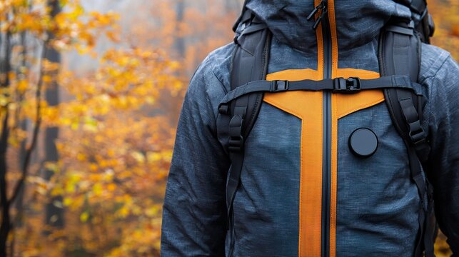 Wearable environmental sensor on a backpack, monitoring air and water quality, real-time data, ecological awareness.
