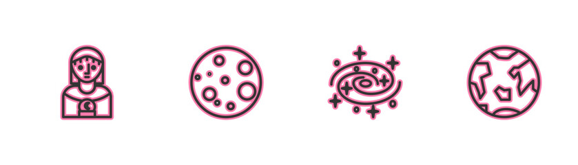 Set line Astrology woman, Milky way spiral galaxy, Moon and Planet Earth icon. Vector