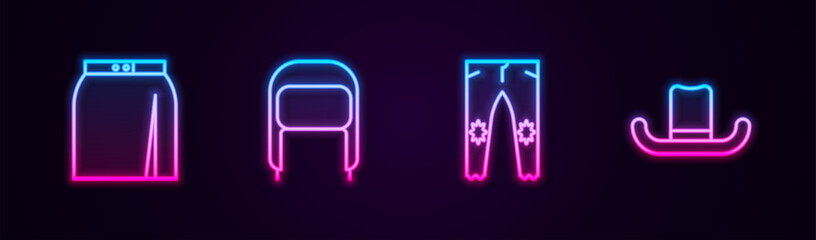 Set line Skirt, Winter hat with ear flaps, Pants and Man. Glowing neon icon. Vector