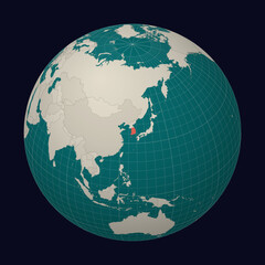 Republic of Korea on the map. Globe centered to Republic of Korea. Country location on the world map. Teal Pale Mint color palette. Globe with countries, meridians and parallels.