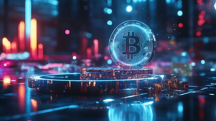 Glowing bitcoin coin on platform with neon lights in the background