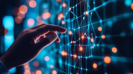A hand interacting with a digital interface with glowing connections