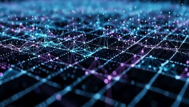 Digital blue abstract background with green binary code and fiber optic lights for a computer science concept design