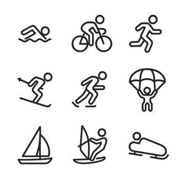 Sports Icon Set. Outline icon set of drag in sports: swimmer, cyclist, runner, skier, speed skater, parachute jump, sailboat