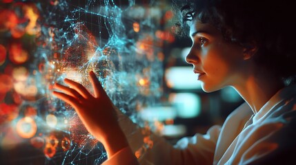 Woman interacting with holographic display of data and connections