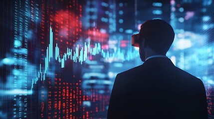 Man in suit wearing vr headset looking at stock market data display