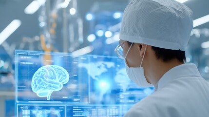 Researcher analyzes brain data in advanced lab setting during evening hours with high-tech visuals.