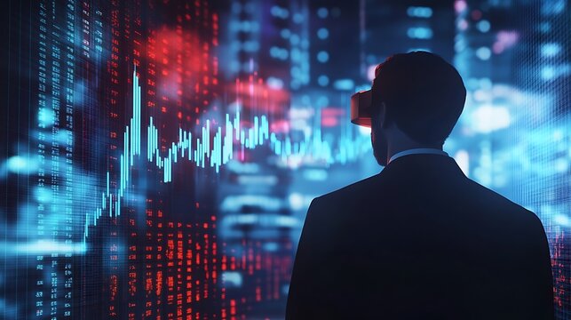 Man in suit wearing vr headset looking at stock market data display