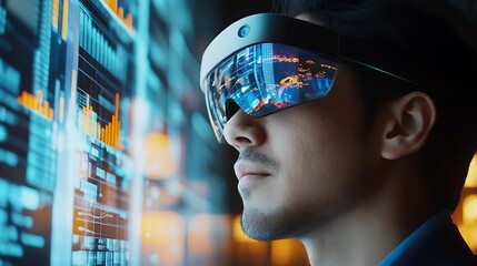 Man with augmented reality glasses looking at data visualizations close up