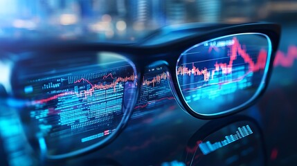 Close up of glasses reflecting stock market data and city background