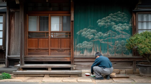 A traditional Japanese countryside house getting fresh white paint on wooden walls