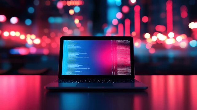 Laptop displaying vibrant programming code and digital software on screen with colorful neon city lights and futuristic technology creating dynamic computer coding atmosphere and advanced display