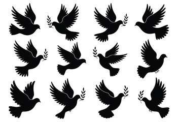 Obraz premium Black silhouette doves with olive branches pigeon bird.eps