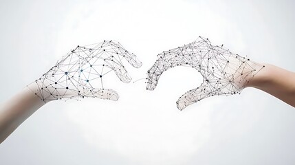 Two hands reaching out with geometric network overlay on white background