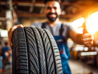 Happy mechanic showcasing a new tire with a thumbs-up in a workshop setting