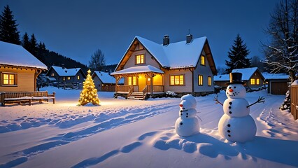 winter landscape with house and snowman