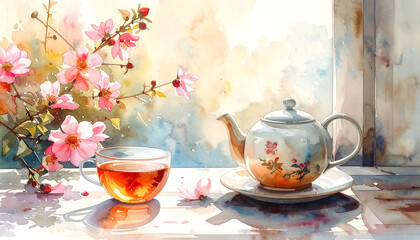 A watercolor depiction of a tea ritual