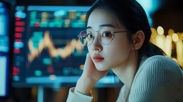 Woman with glasses looking at stock market data on computer screens