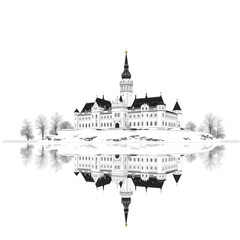 Obraz premium Bran Castle reflecting in calm water in Romania at the height of a snowy winter