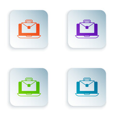 Color Online working icon isolated on white background. Freelancer man working on laptop at his house. Remote work. Distant job concept. Set colorful icons in square buttons. Vector