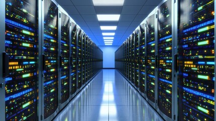 Fototapeta premium Inside a Modern Data Center with Rows of Network Server Racks