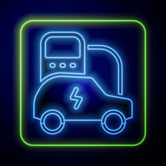 Glowing neon Electric car and electrical cable plug charging icon isolated on blue background. Renewable eco technologies. Vector