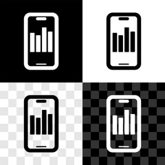Set Mobile phone with graph chart icon isolated on black and white, transparent background. Report text file. Accounting sign. Audit, analysis, planning. Vector