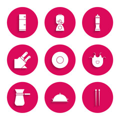 Set Plate, Covered with tray of food, Food chopsticks, Kitchen apron, Coffee turk, Knife, Pepper and Refrigerator icon. Vector
