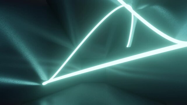 Abstract seamless looped animation of neon light line running loop triangle, lasers and lines bouncing around and moving forward within a dark tunnel. 4K footage video loop. Empty space. 3d animation