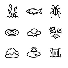 Obraz premium Stream Element Icons. Outline icon set of environmental stream elements: aquatic plants, fish, water insects, ripples, rocks,