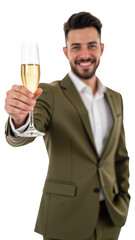 Cheers to celebration and joy man in stylish suit raises glass of champagne, embodying elegance and festivity