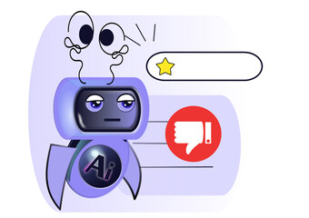 AI assistent. AI technology posters with cute robot character. Funny AI character for education, robot indifferently puts dislike and low rating. AI mascot. Vector.