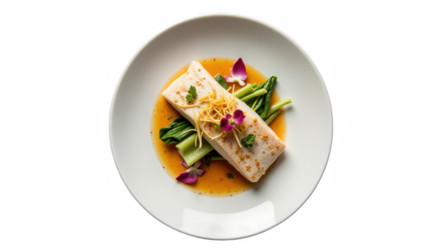 Delicate fish fillet served on bed of greens, garnished with edible flowers and citrus zest, creating vibrant and elegant dish - Powered by Adobe
