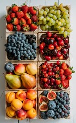 Fresh fruits and vegetables sorted in cardboard containers on white background, overhead view showing vibrant colors and neat organization.