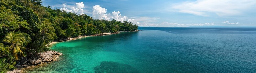 Tranquil Tropical Beach with Clear Water and Lush Green Landscape