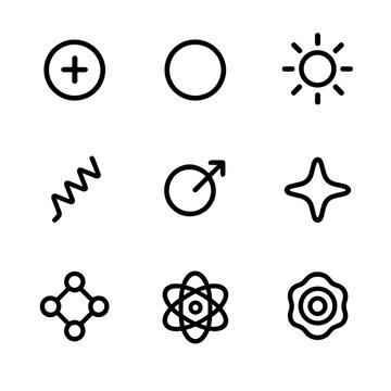 Subatomic Particle Icons. Outline icon set of particles and forces: proton, neutron, electron, photon, gluon, neutrino, quark,