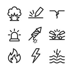 Fototapeta premium Sudden Shock Icons. Outline icon set of sudden shock events: explosion, impact, cracked surface, flying debris, alarm siren,