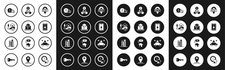 Set Location key, Online real estate, House with dollar, Car rental, Bicycle mobile app, sharing and icon. Vector