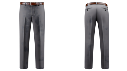Front and back view of gray men’s formal trousers with a brown belt, neatly pressed and isolated on white background, ideal for business fashion, clothing e-commerce, and menswear catalogs
