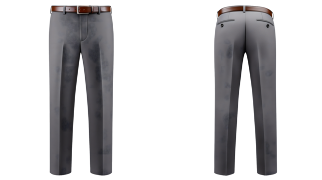 Front and back view of gray men’s formal trousers with a brown belt, neatly pressed and isolated on white background, ideal for business fashion, clothing e-commerce, and menswear catalogs
