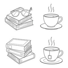 A Black and White Illustration of Four Stacks of Books and Two Cups of Tea . flat vector 
