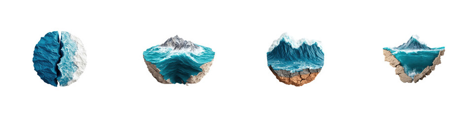 Obraz premium A series of artistic representations of ocean waves and rocky formations, showcasing intricate details and vibrant colors.