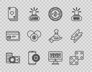 Set line Casino chips and stacks money cash, with dollar, Online poker table game, Playing card heart, Billiard pool snooker 8 ball, slot machine lucky sevens jackpot and Lottery ticket icon. Vector