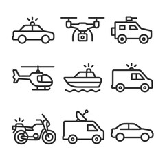 Naklejka premium Surveillance Vehicles Icons. Outline icon set of surveillance vehicles: patrol car, drone, armored vehicle, helicopter, boat,