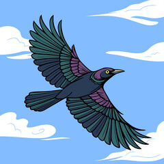 Vibrant illustration of a starling bird flying in the blue sky. Features striking purple and green feathers, sharp wings, and a bright yellow eye. Perfect for nature and wildlife themes.