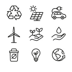 Sustainable Icons Grid. Outline icon set of environmental trends: recycling, solar panel, electric car, wind turbine, sustainable