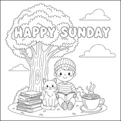 A child sits with a cat and a stack of books under a tree. Above them, soft clouds and the words HAPPY SUNDAY appear in outlined bubble text.